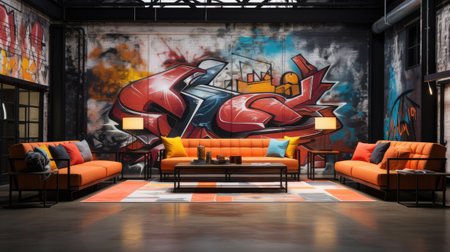 Interior of modern loft living room with colorful graffiti on wall.の素材