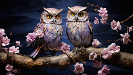 Two owls sitting on a branch with pink flowers on a blue backgroundの素材