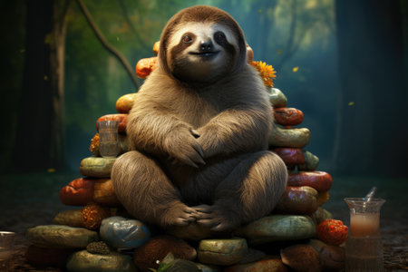 Cute sloth sitting on a stack of stones in the forestの素材