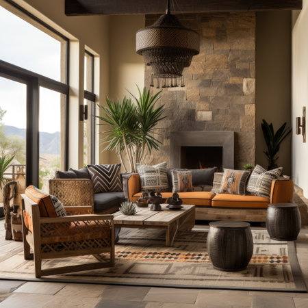 Luxury living room interior design with fireplace, sofa and armchair.の素材