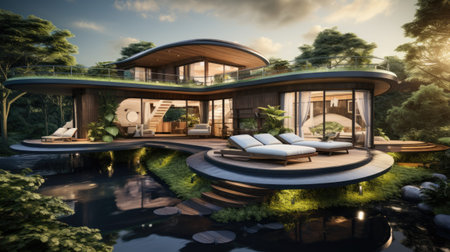 modern cozy house with pool and parkingの素材