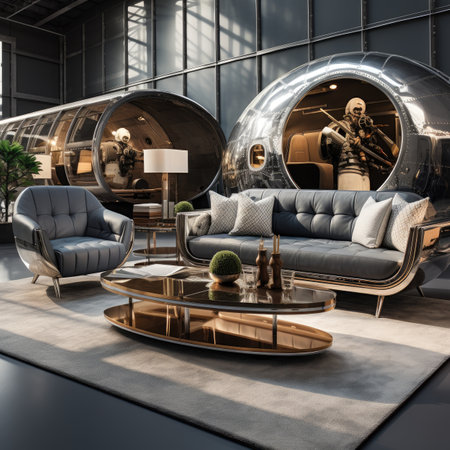 Modern living room interior with armchairs, coffee table and round mirror.の素材