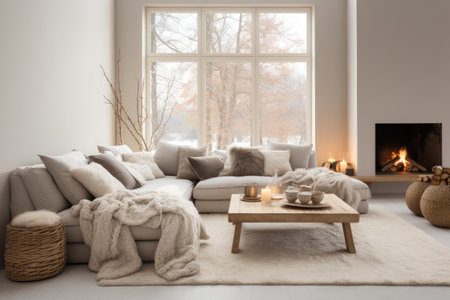 Cozy living room interior with comfortable sofa, coffee table and fireplaceの素材