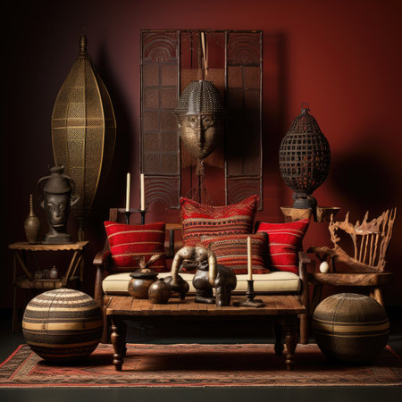 an ancient Egyptian interior with a vase, a lamp, a mirror and a sofa.の素材