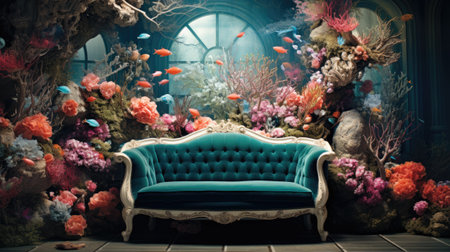 Interior of the aquarium with a blue sofa and a tropical plantの素材