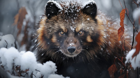 Red fox in winter forest. Close-up portrait of wild animal.の素材