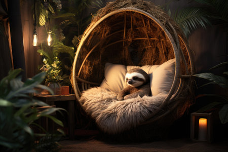 Cute lazy sloth sleeping in wicker chair in room at nightの素材
