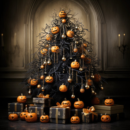 Halloween background with a decorated Christmas tree and pumpkins in the interiorの素材