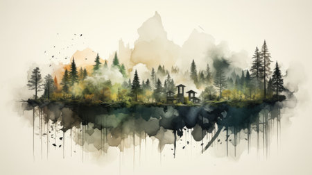 Watercolor Landscape of the forest and lake.の素材