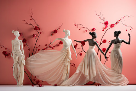 Wedding dress on the background of a red wall with flowersの素材
