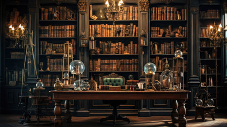 Old library interior with bookshelf, antique books and lamps.の素材