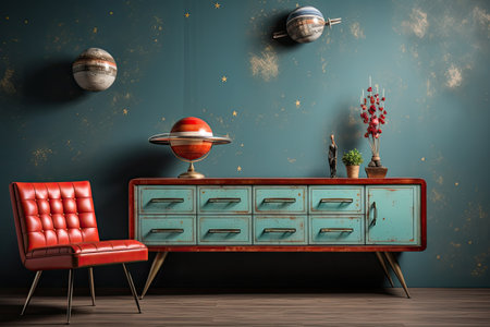 Interior of modern living room with red armchair and chest of drawersの素材