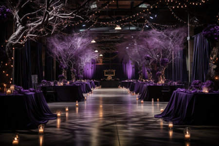 Wedding Ceremony Decorated with Purple Candles and Flowersの素材