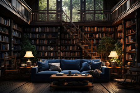 Interior of a cozy living room with a blue sofa, a bookshelf and a bookcaseの素材