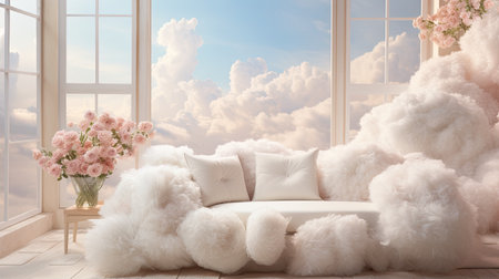 modern living room with white sofa and flowersの素材