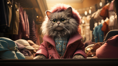 Funny cat in a coat and sunglasses in a shop window.の素材