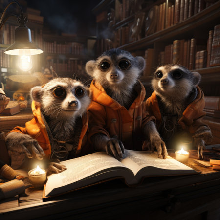 Group of funny meerkats reading a book. Halloween concept.の素材