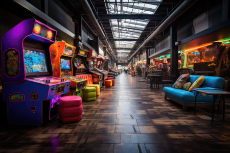 Retro arcade machines in a shopping mall.の素材