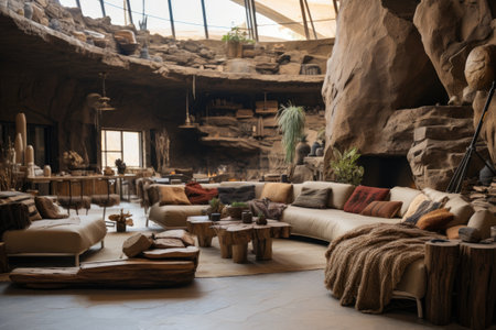 Interior of a loft living room with a view of the gardenの素材
