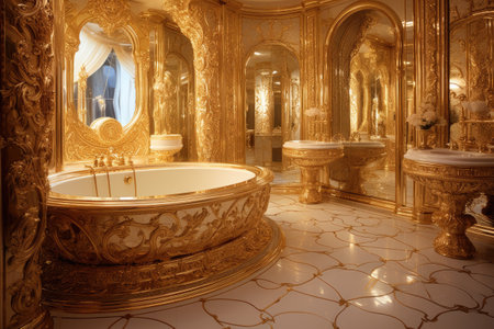 Luxury interior of the bathroom in a classic style with gold wallsの素材