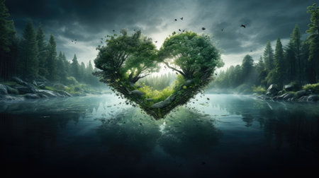 Heart shaped tree in the middle of the river. Concept of loveの素材