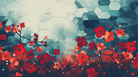 Abstract watercolor floral background with hexagons and flowers.の素材