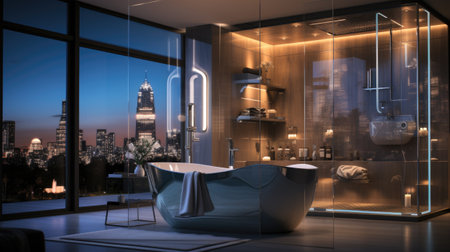 Bathroom interior with panoramic city view.の素材