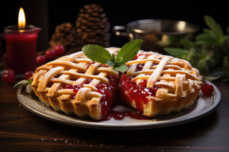 Delicious berry pie with berries and icing sugar on a wooden tableの素材