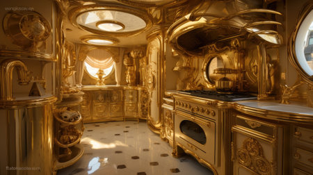 Interior of a luxury hotel room with a beautiful golden ceiling.の素材