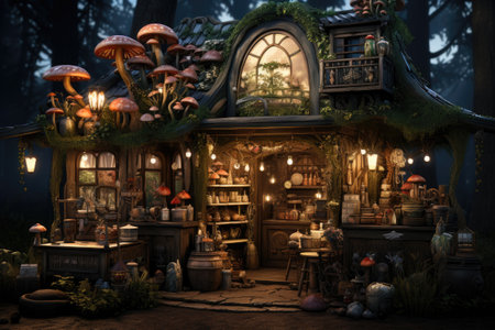 Merry Christmas and Happy New Year. Fairytale house in the forest at night.の素材