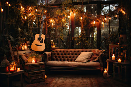 Guitar on the sofa in a cozy room decorated with Christmas lightsの素材