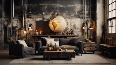 Interior of a loft living room with vintage furniture and fireplaceの素材