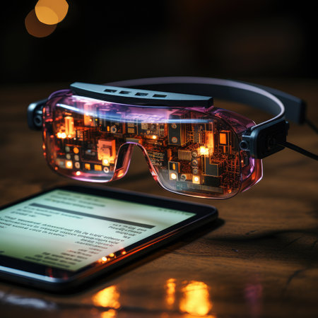 Smartphone and virtual reality glasses on a wooden table.の素材