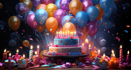 Birthday cake with candles and balloons on a wooden table.の素材