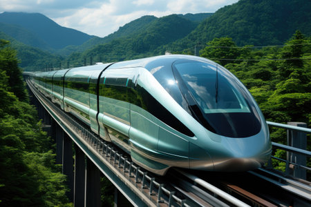 High-speed train on the bridge with mountain backgroundの素材