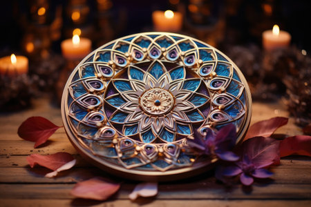 Beautiful mandala in the form of a flower on a wooden backgroundの素材