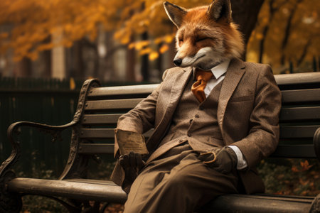 Portrait of a fox in a suit sitting on a bench.の素材