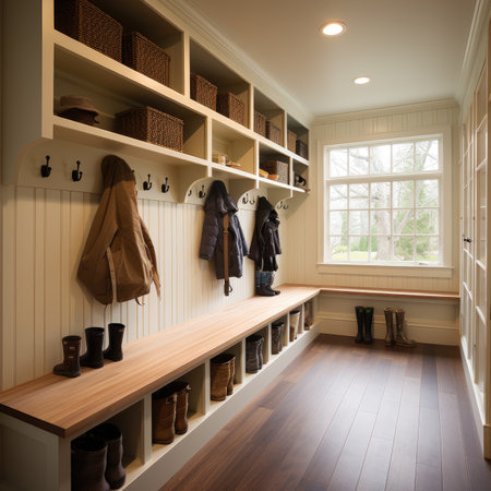 Interior of a walk in closet with wooden shelves and white wallsの素材