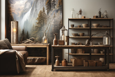 Interior of modern living room with wooden furniture and painting on wallの素材