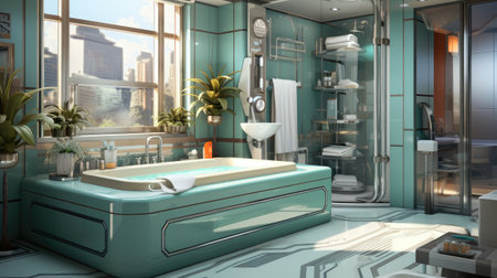 Interior of a modern bathroom with a large bathtub.の素材