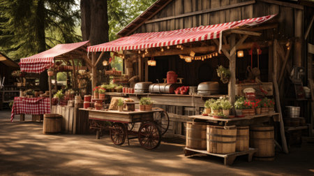 Wooden market stall with fresh vegetables and fruits in the countrysideの素材