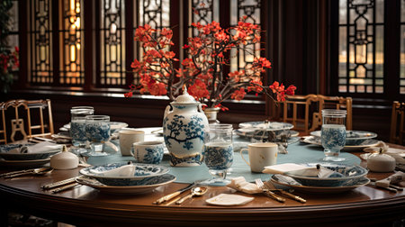 Beautiful table setting for tea ceremony in traditional chinese style.の素材