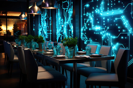 Luxury restaurant interior with glowing lights.の素材
