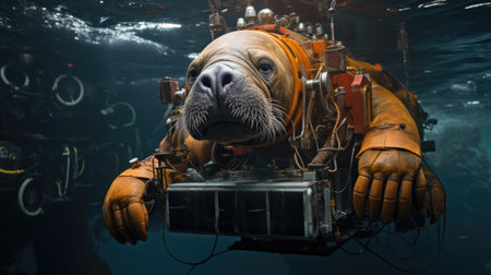Sea lion in an astronaut's suit in the ocean. Underwater world.の素材