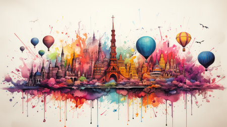 Famous monuments of the world painted with colorful paints on watercolor backgroundの素材