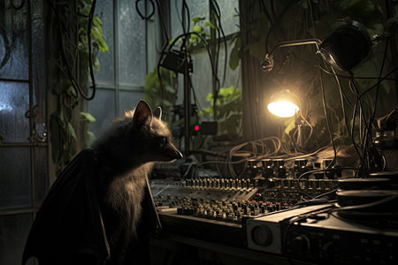 Funny cat in a dark room with a lot of music equipmentの素材