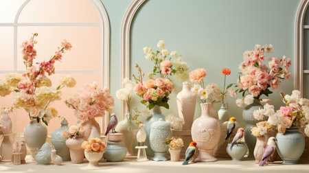 Vase with flowers on the table in front of the window.の素材