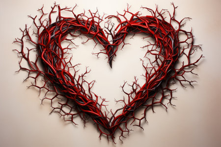 Red heart made of branches on a white background.の素材