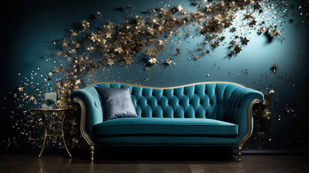 Blue sofa in the living room with Christmas decorationsの素材