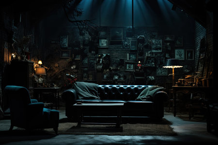 Interior of a dark room with a sofa and an armchairの素材